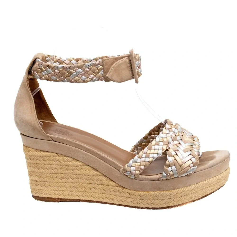 HERMÈS TAUPE SUEDE & METALLIC BRAIDED STRAP INES ESPADRILLE WEDGES EU 38 US 7.5‎